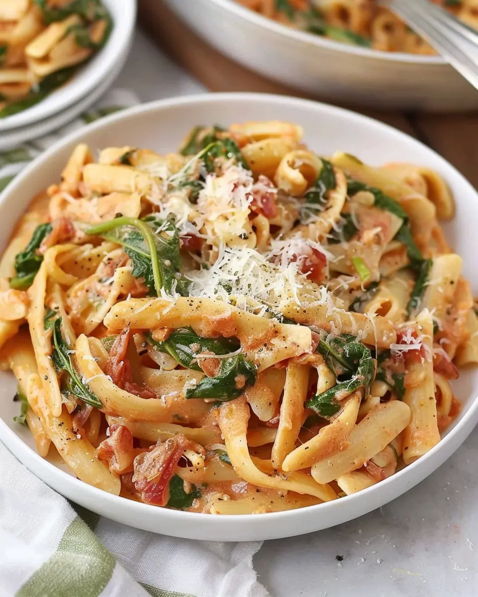 Creamy Spinach Tomato Pasta with Turkey Bacon: Easy Weeknight Delight