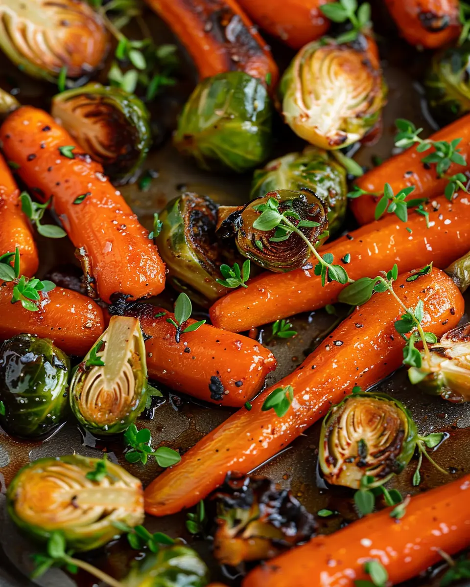 Crispy Maple Glazed Carrots and Brussel Sprouts with Turkey Bacon