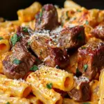 Cajun Steak Tips in Cheesy Rigatoni Parmesan Sauce