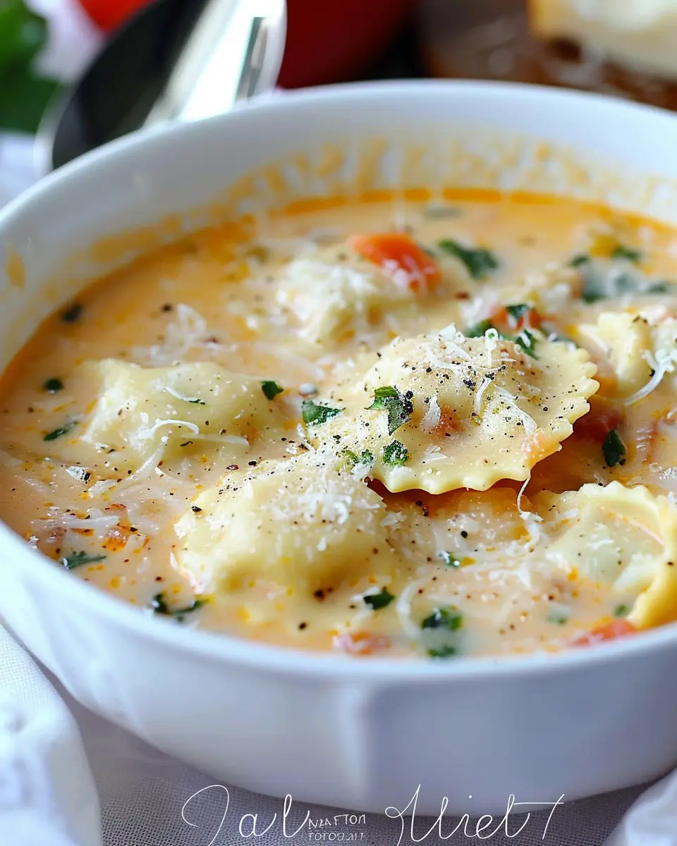 Creamy Tuscan Ravioli Soup with Turkey Bacon and Chicken Ham Delights