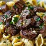 Steak Bites and Shell Pasta in Garlic Butter Alfredo Sauce
