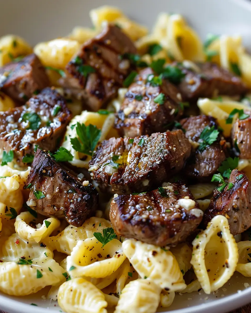 Steak Bites and Shell Pasta in Creamy Garlic Butter Sauce